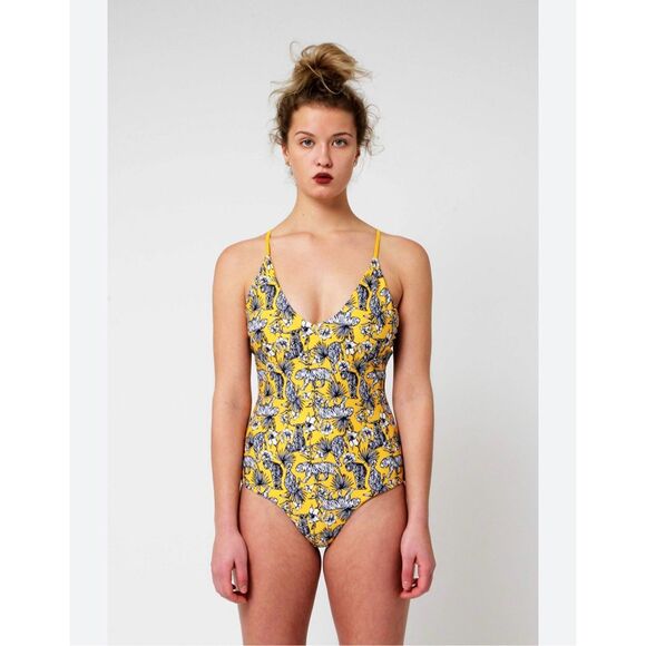 Yacht & Smith Yellow Leopard Print & Yellow Ribbed Swimsuit sz L - Picture 1 of 6